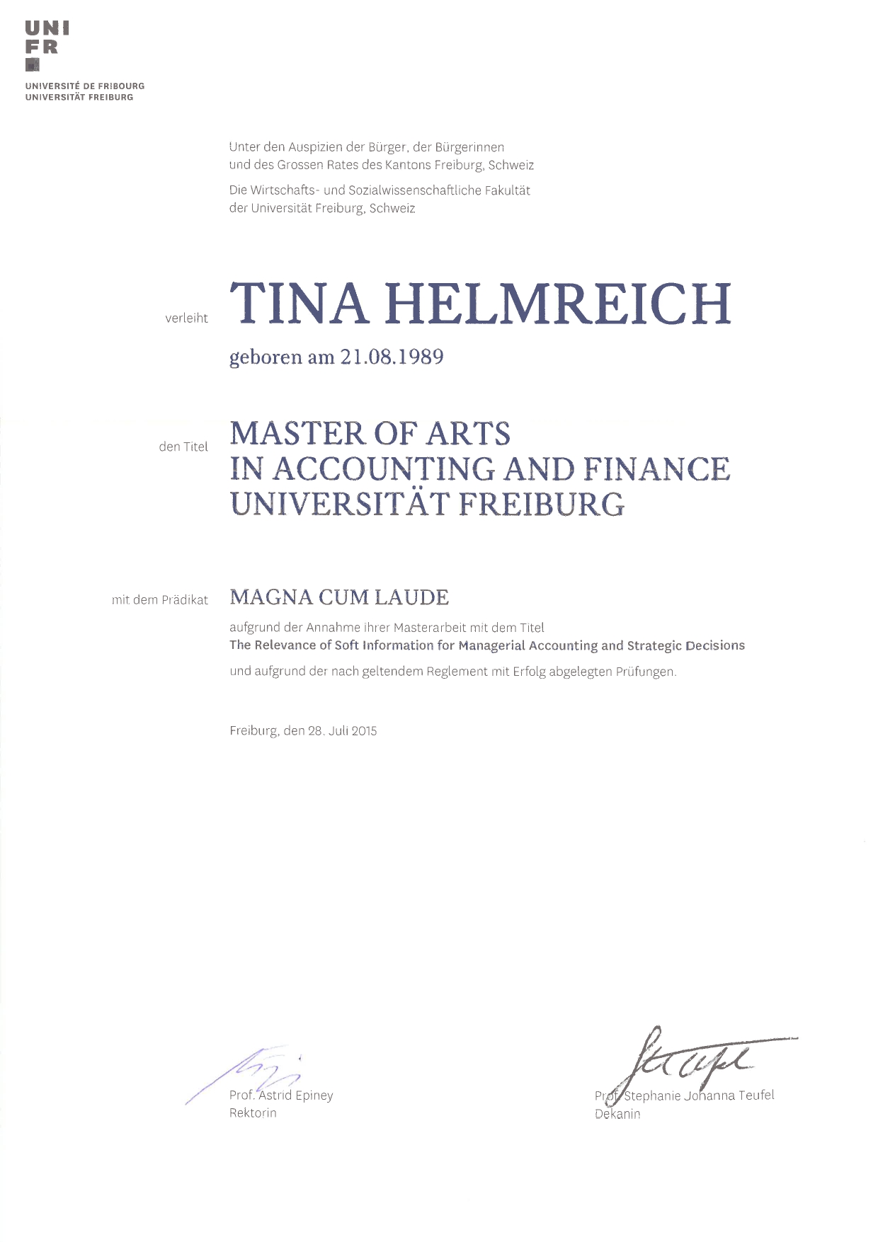 Master in Accounting & Finance Certificate Tina Helmreich