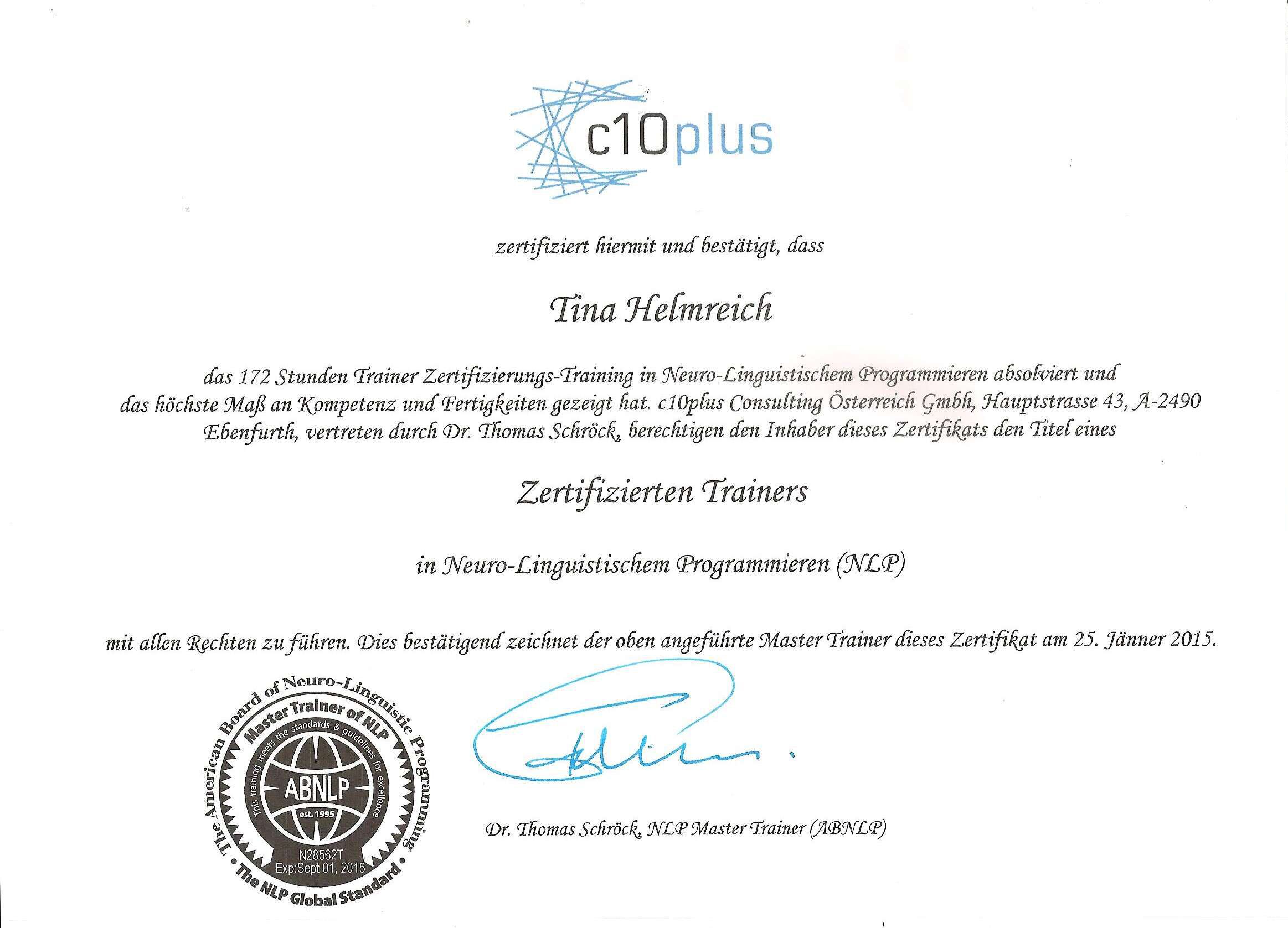 NLP Trainer Tina Helmreich Certificate